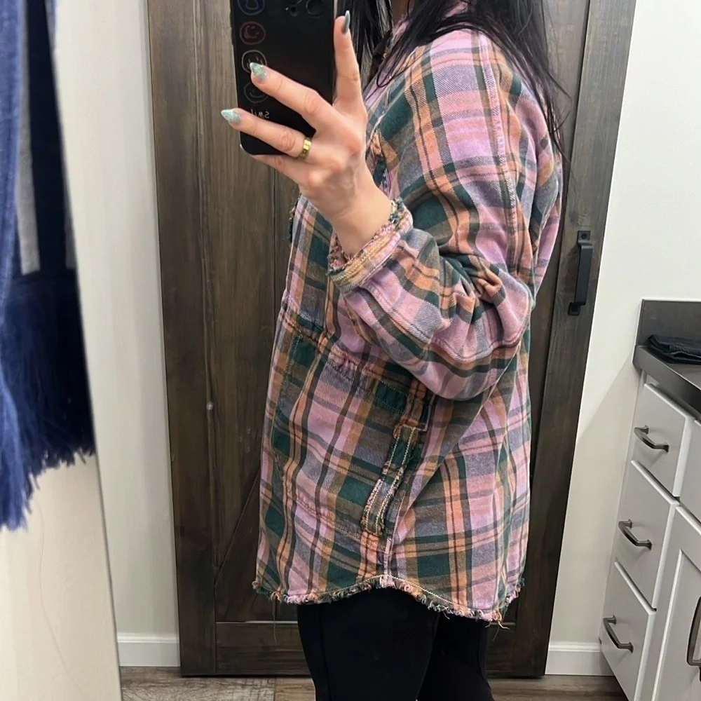 We The Free | Oversized Frayed Plaid Button Up Shirt Pink & Green - Picture 10 of 12